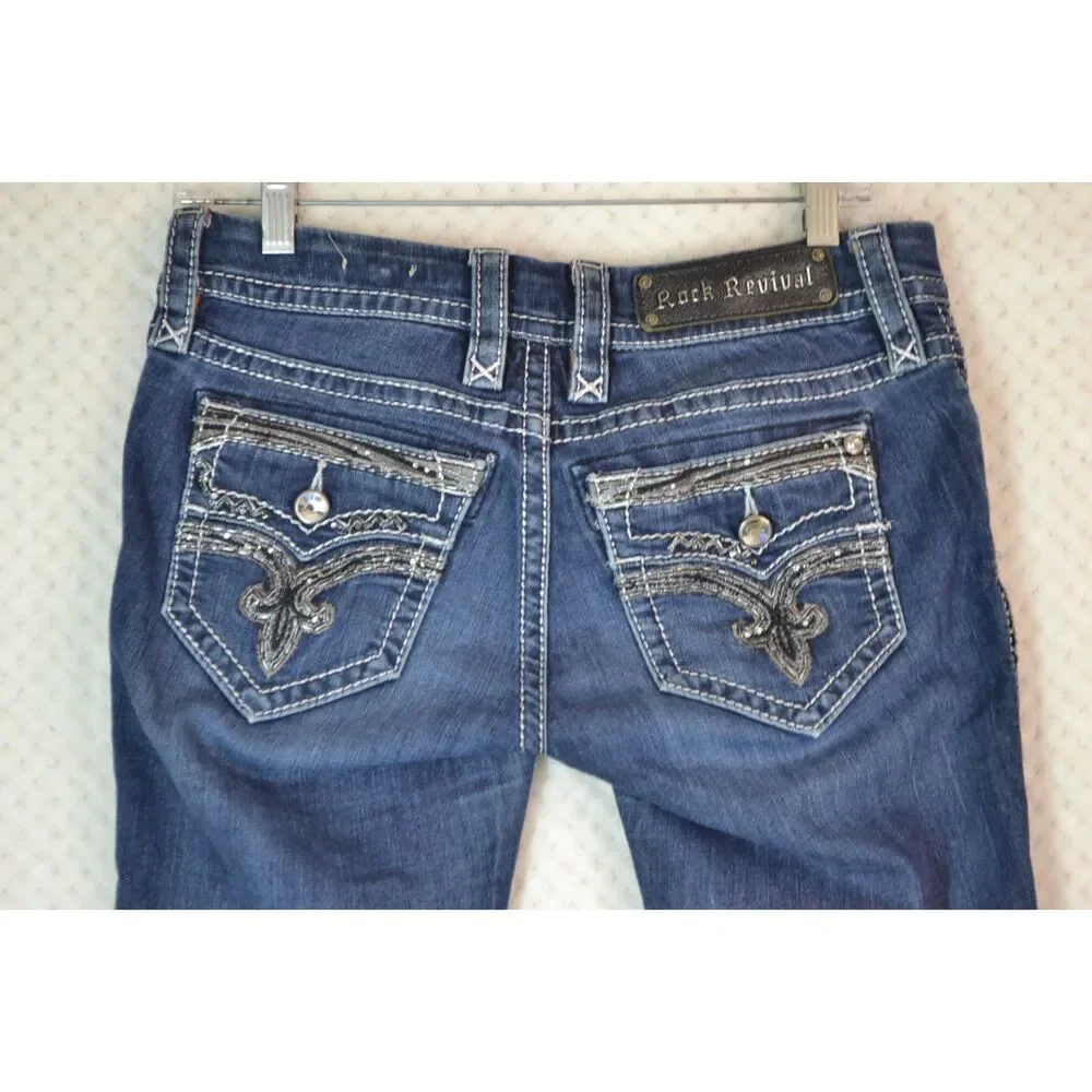 Rock Revival Women's 26 Long Deeka Straight Leg Embellished Stretch Jeans
